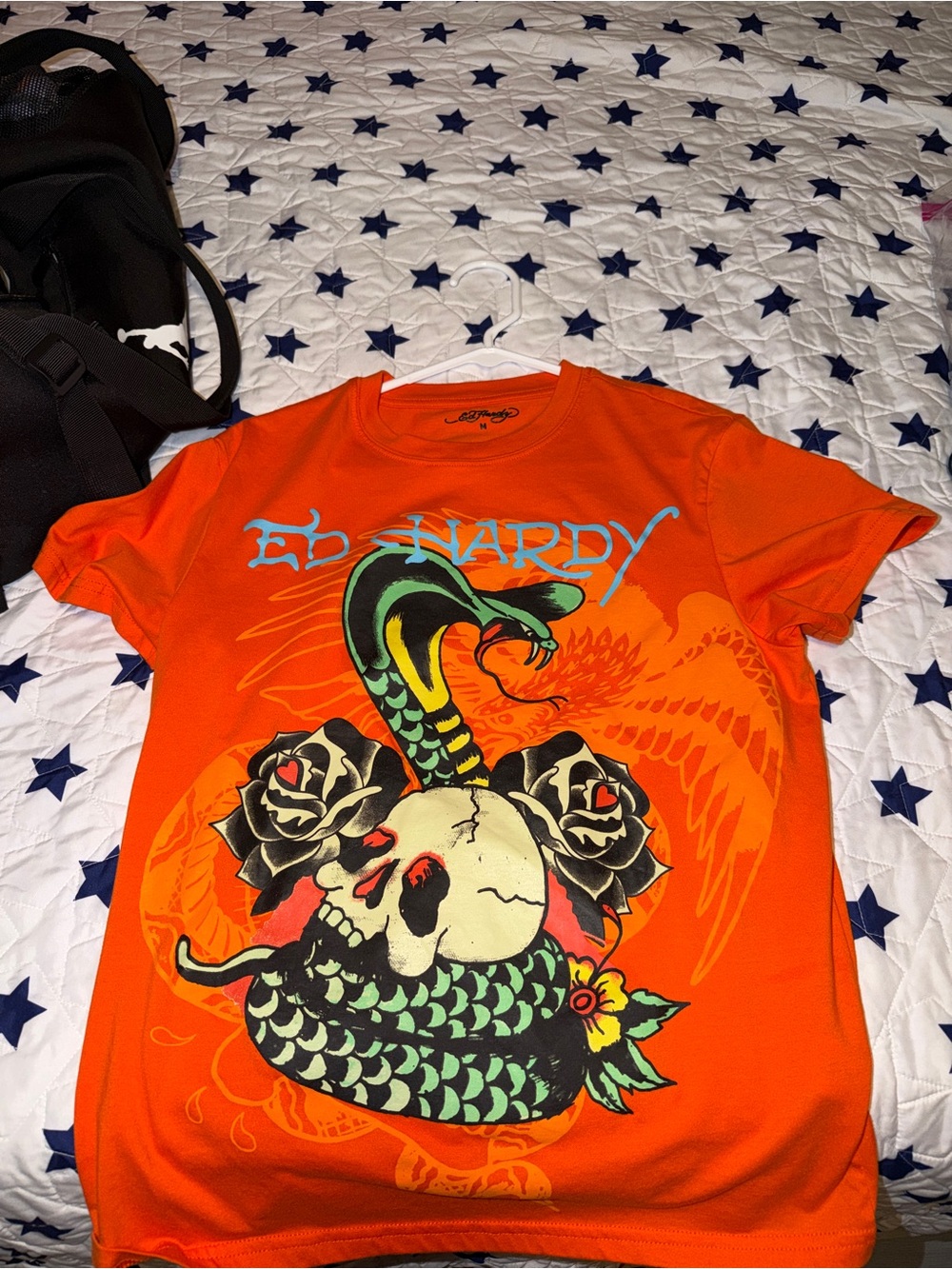 Ed Hardy Orange Tee with Snake, Skull & Rose Graphic